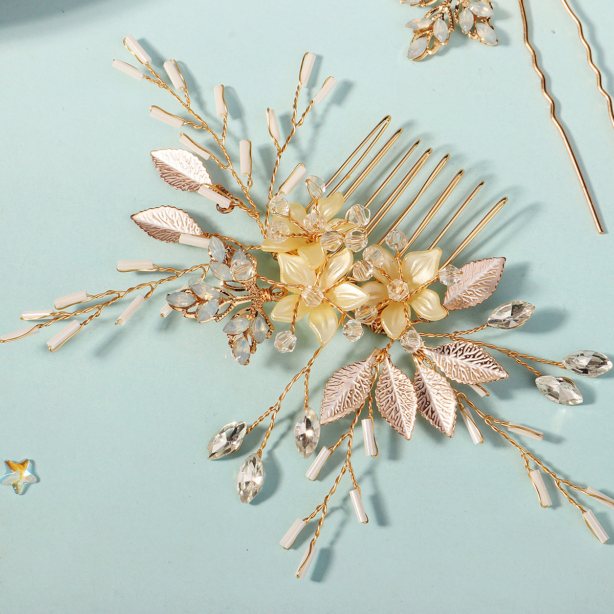 Bridal accessories, photography, photo shoots, hair accessories, floral rhinestones, hairpins, handcrafted U-shaped hairpins, ancient costumes, Hanfu, updo hair accessories Specification drawing