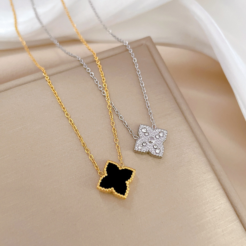 【 All-titanium Steel 】 Full diamond four-leaf flower minimalist style furnace, real gold necklace, female Instagram influencer collarbone chain accessory Specification drawing