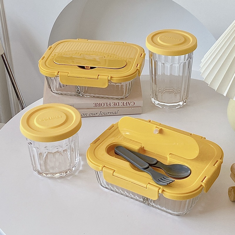 Wholesale rectangular adult ins style vertical pattern high borosilicate glass lunch boxes, microwave oven partition, fresh-keeping bowl sealing full figure