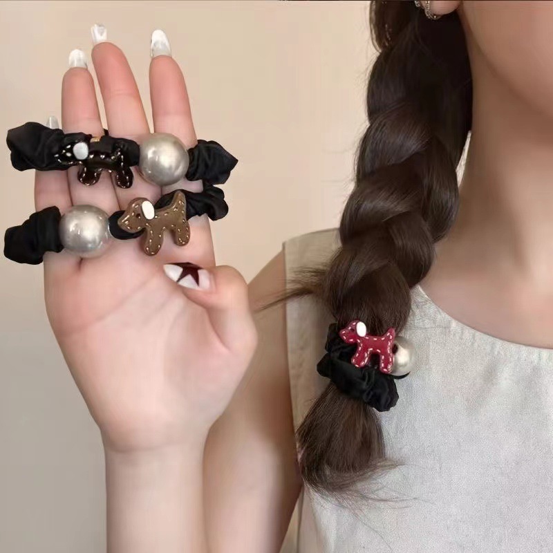 Cute cartoon puppy, pearl hair tie, hair band, simple female hair tie, rubber band, ponytail hair accessory, high-elasticity hair tie details Picture