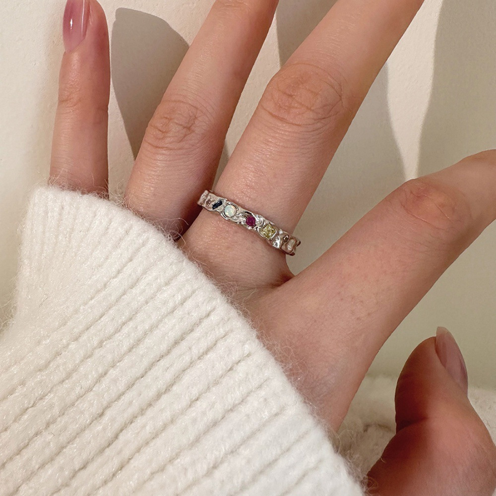 Opal colored small diamond ring for women, 925 sterling silver ring, new ins style, high-end feel, open index finger ring trend Item Picture