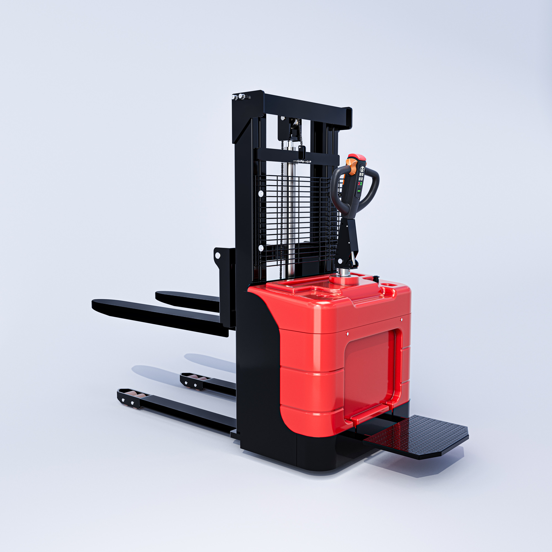 The pedestrian fully automatic stacker station is equipped with a 1.5-ton hydraulic loading and unloading stacker with a double-lift forklift and an electric stacker Item Picture