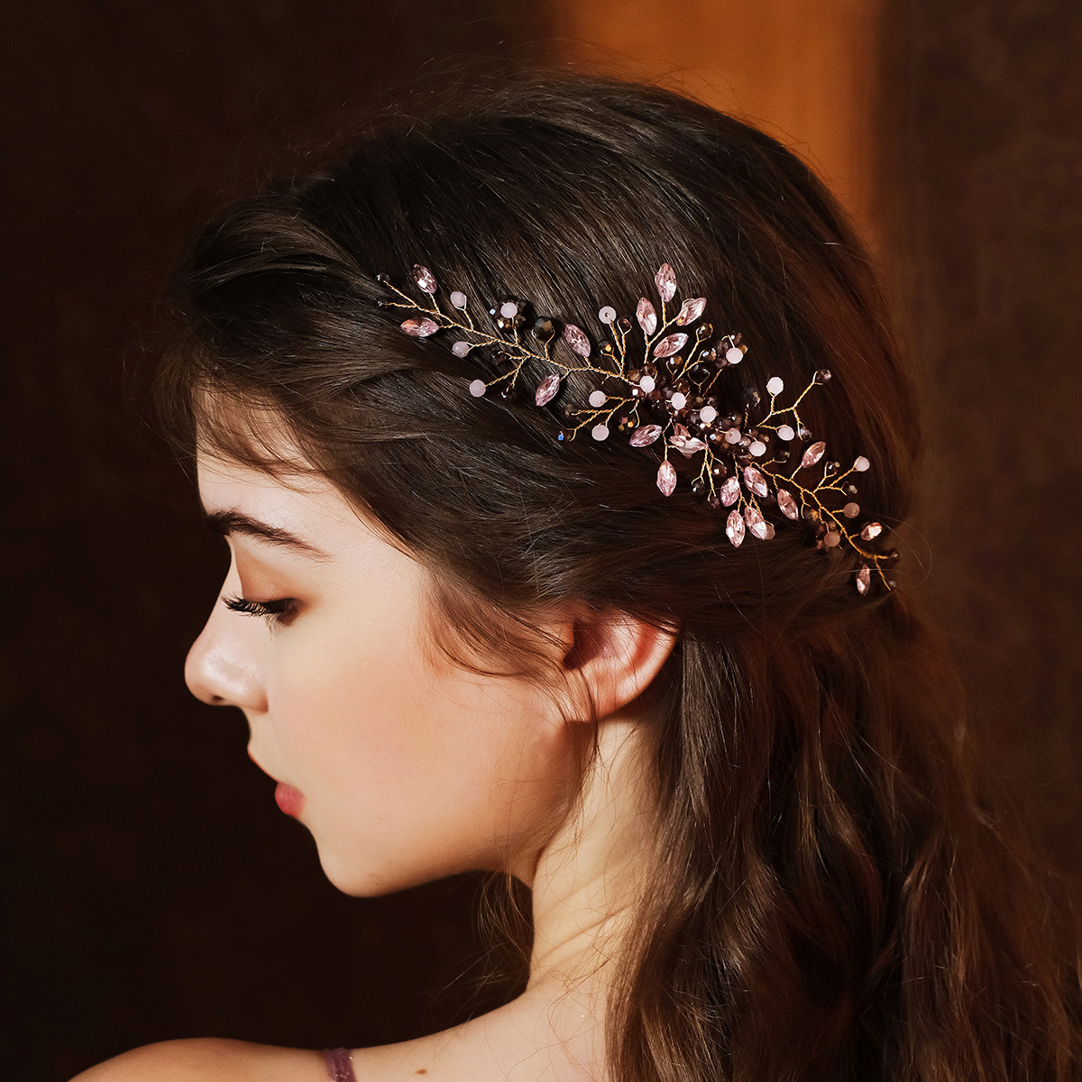 European and American cross-border retro water diamond insert comb, handcrafted ancient-style Hanfu hair accessory, purple crystal hair comb, bride's headwear full figure