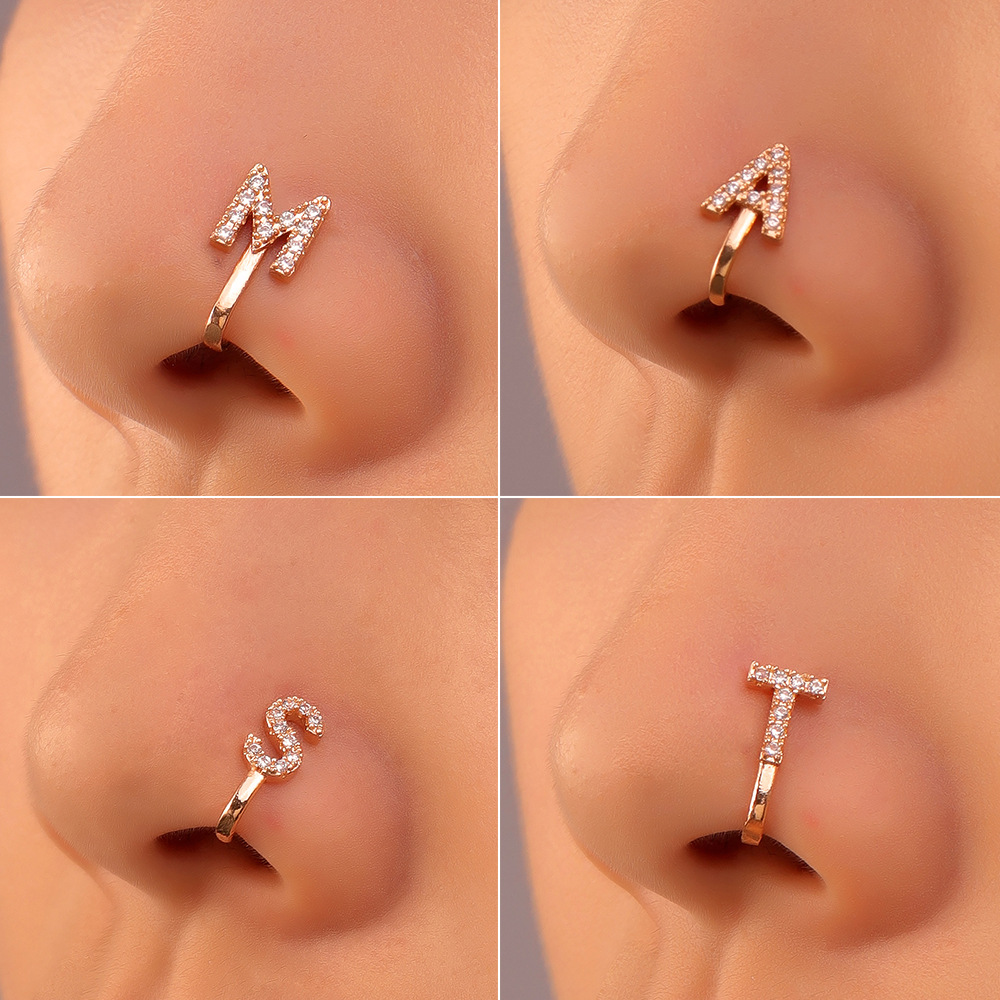 Aliexpress non-perforated nose stud, cross-border copper inlaid zircon 26-letter U-shaped nose clip and nose ring piercing decoration from Europe and America Application Scenario