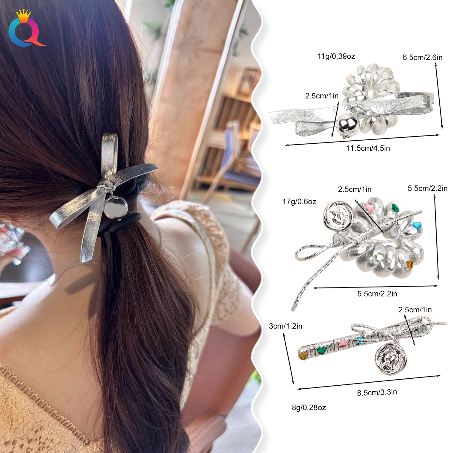 The Qiyue InS-style silver leather bow hair clip exudes a unique and high-end charm. It features a side fringe hair band and hair accessory details Picture