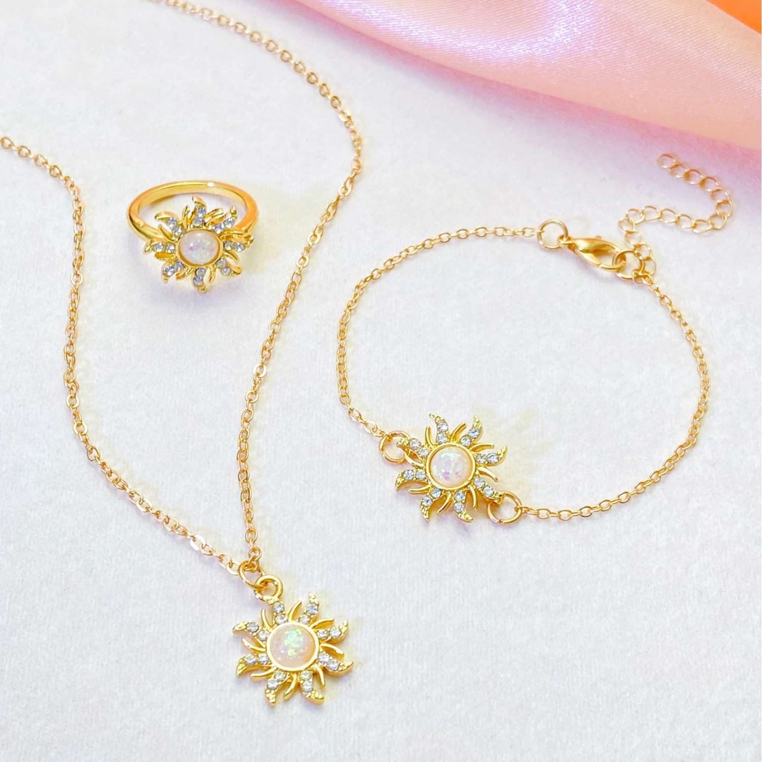European and American ins retro dopamine Barbie Princess opal pendant necklace bracelet ring jewelry set Cross-border Specification drawing