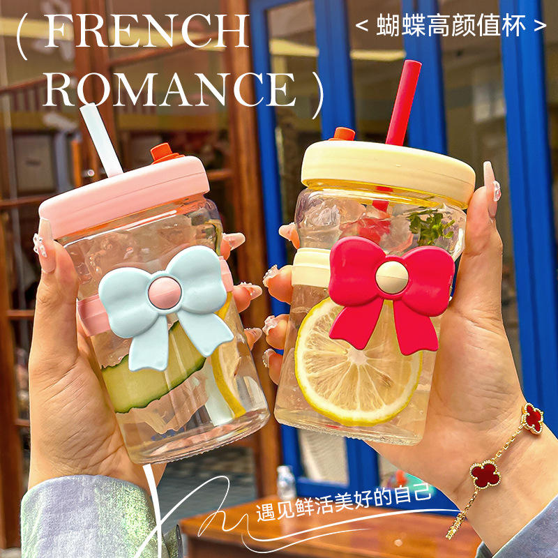 Creative butterfly water cup, cute bow straw cup for girls, couple gift cup, 480ml covered glass cup full figure