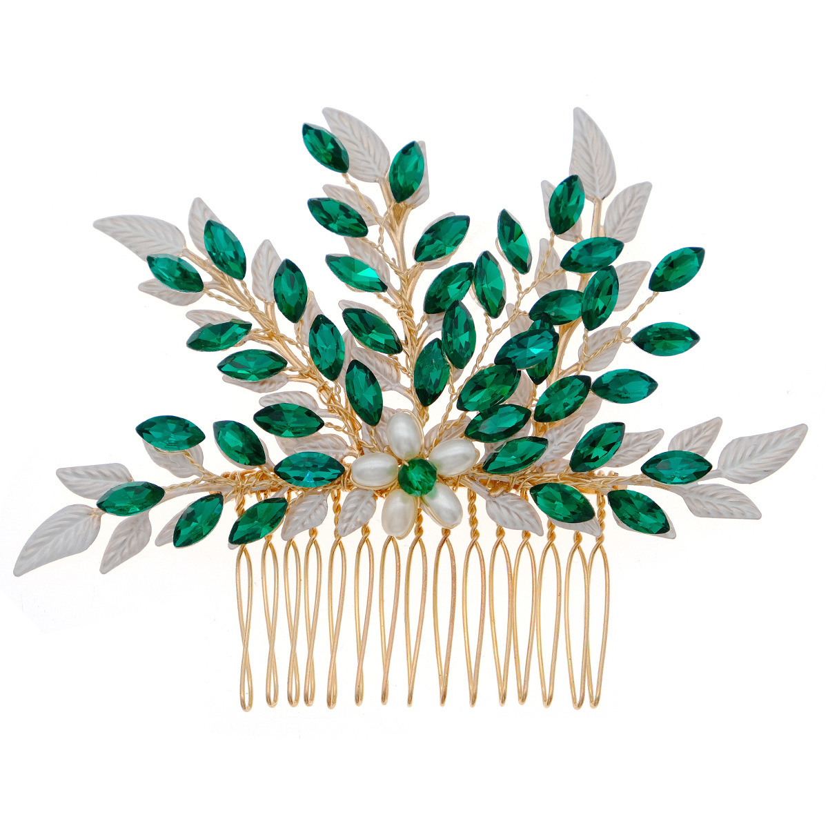 New Chinese-style retro bride's hair accessory, forest-themed alloy leaf hand-inserted comb, high-end green horse's eye water diamond comb Item Picture