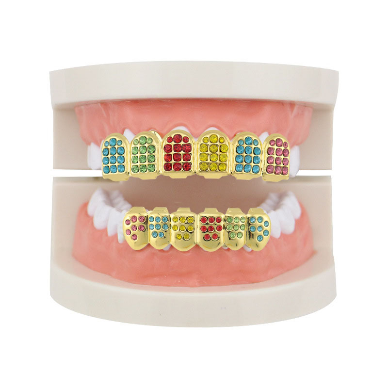 New cross-border products from Europe and America: gold-plated five-color combination hip-hop braces for men and women, multi-color diamond-encruted vampire Halloween decorations full figure