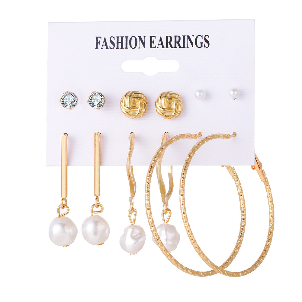 European and American cross-border shell pearl fashionable feminine charm earring set, European and American retro ring earring 6-piece set Specification drawing