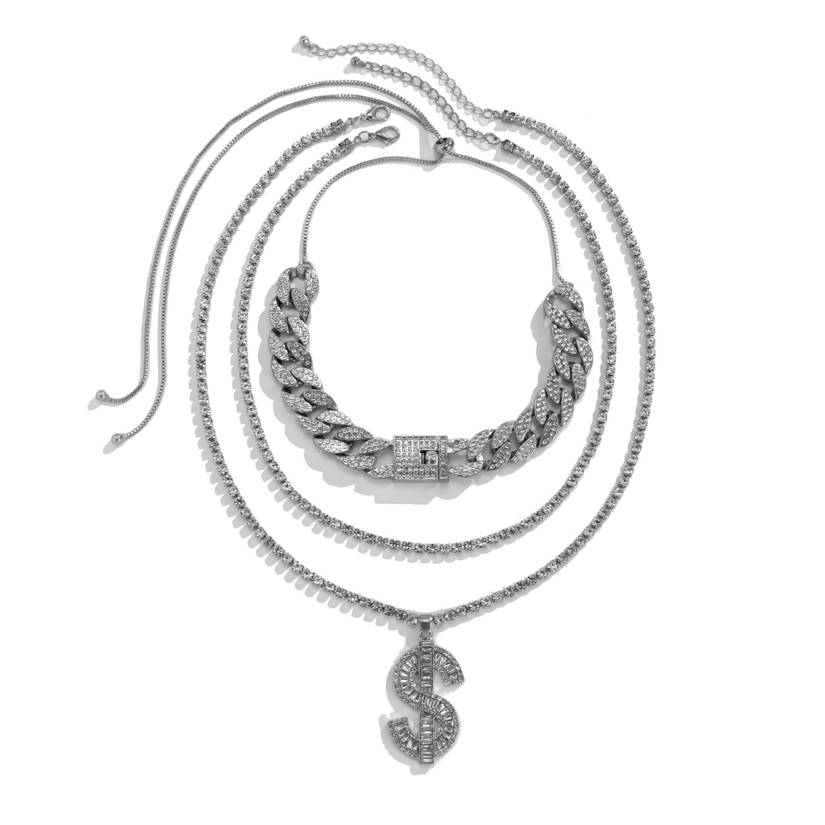 European and American cross-border accessories, punk retro dollar pendant, long diamond necklace, hip-hop super cool Cuban chain necklace Item Picture