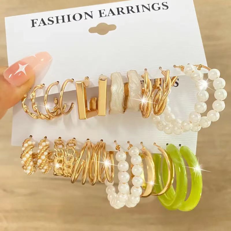 Cross-border best-selling metal C-shaped earrings geometric Earringset 5-piece retro pearl earrings Earringset full figure