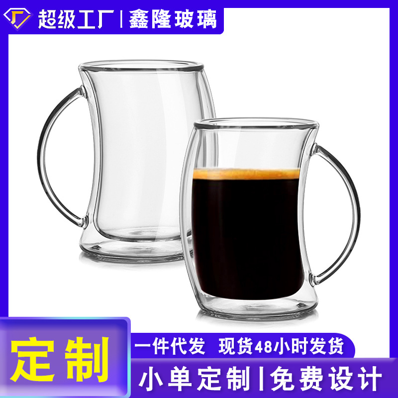 Cross-border supply heat-resistant high borosilicate glass water cups, double-layer glass cups with handles, creative coffee cups, glass cup factories full figure