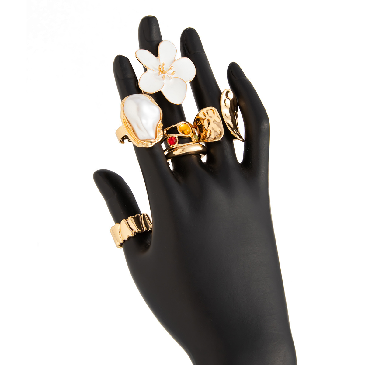 European and American cross-border jewelry, InS-style pearl oil drip flower ring set, hip-hop metal oval chain necklace Item Picture