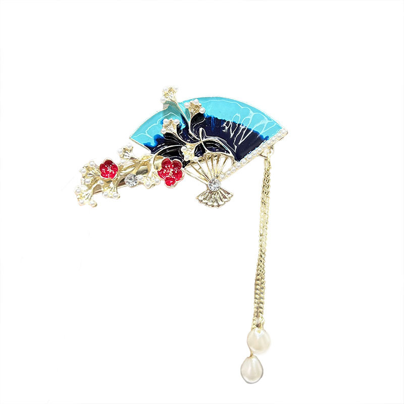 Ancient-style fan tassel hair clips, retro-style step hairpins, Hanfu side bangs clips, new Chinese-style duckbeak clips accessories Item Picture