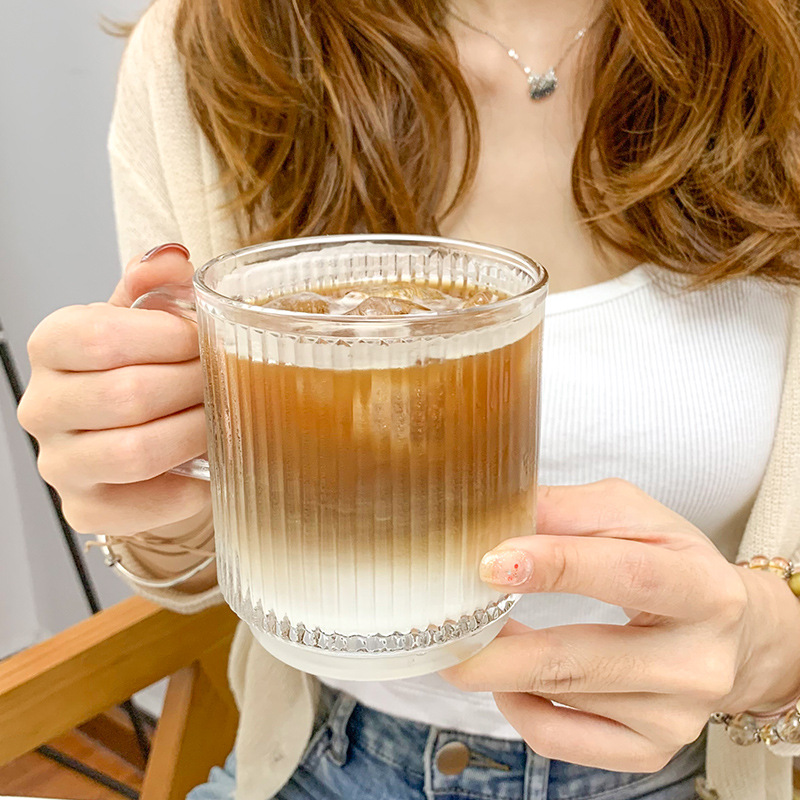 Douyin vertical striped coffee cup, straight thickened household glass handle cup, glass water cup, cold brew latte cup with handle details Picture