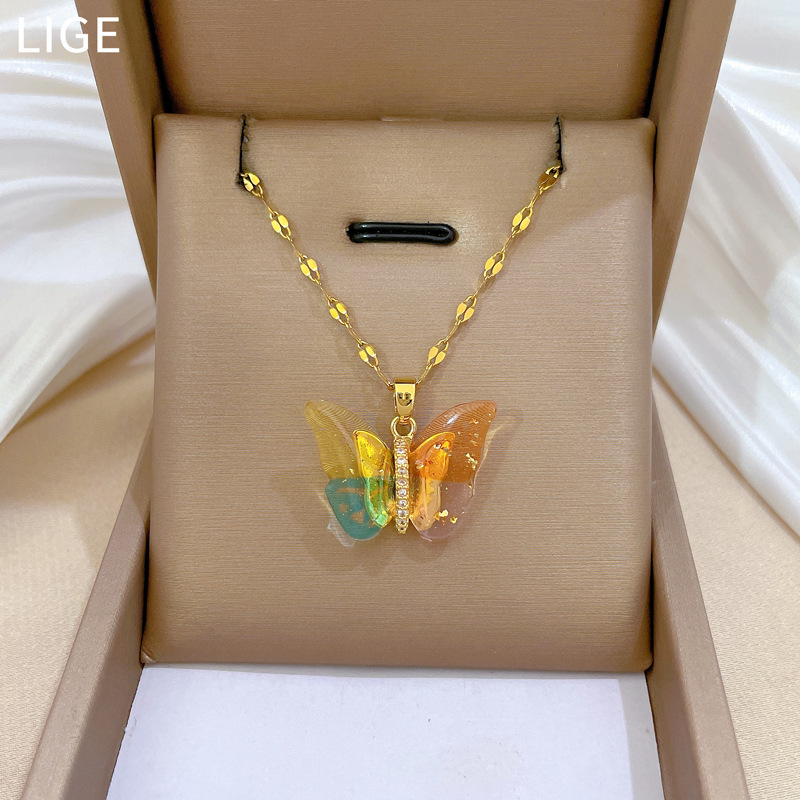 【 Titanium Steel 】 Colorful butterfly, personalized, fashionable, light luxury, elegant and luxurious, full diamond necklace, versatile for women, collarbone chain, titanium steel Specification drawing