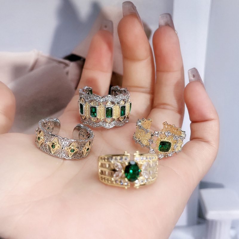 Light luxury, retro, hollowed-out and diamond-encrusted, trendy and fashionable open ring, women's lace, emerald-like full diamond texture ring Application Scenario