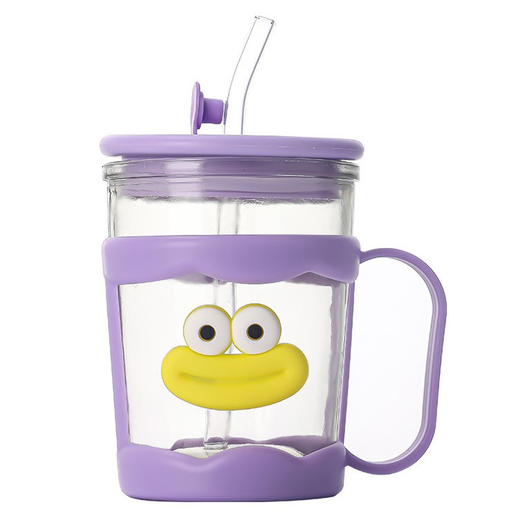 Glass straw cup, household drinking cup, heat-resistant office breakfast coffee cup, cartoon handle gift glass cup Item Picture