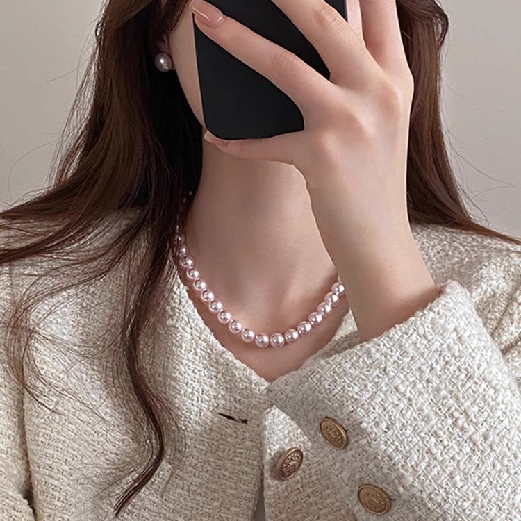 Manta Rose-colored Shijia Pearl Necklace for Women, 2025 new style, niche and light luxury collarbone necklace Specification drawing