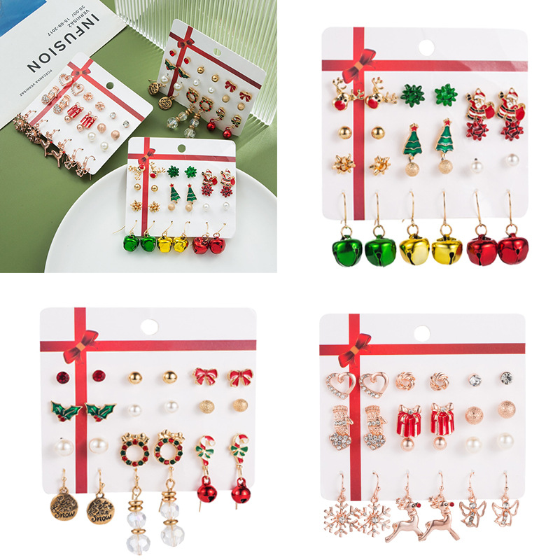 Christmas set earrings, Santa Claus oil-dripping earrings, bells, Christmas tree earrings, 12-piece set, card-mounted earrings for women full figure