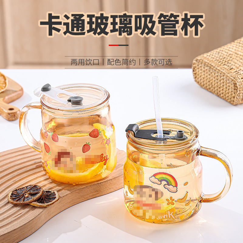 Cartoon glass straw cup with lid handle, office large-capacity water cup, creative sticker, cute coffee cup full figure