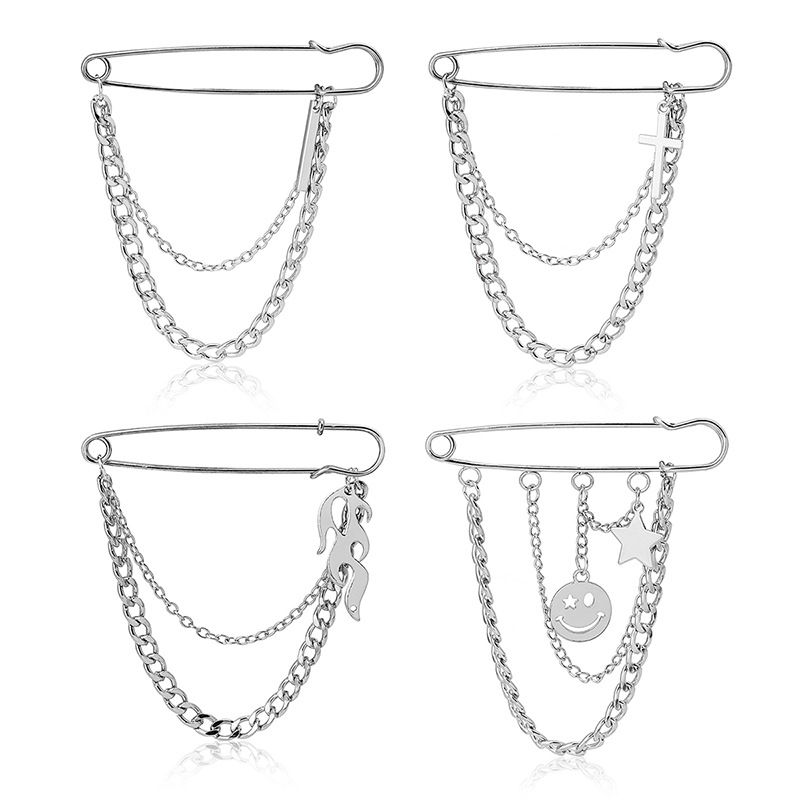 Korean Instagram Harajuku style cold chain brooch, trendy hip-hop cross smiley face flame accessories full figure