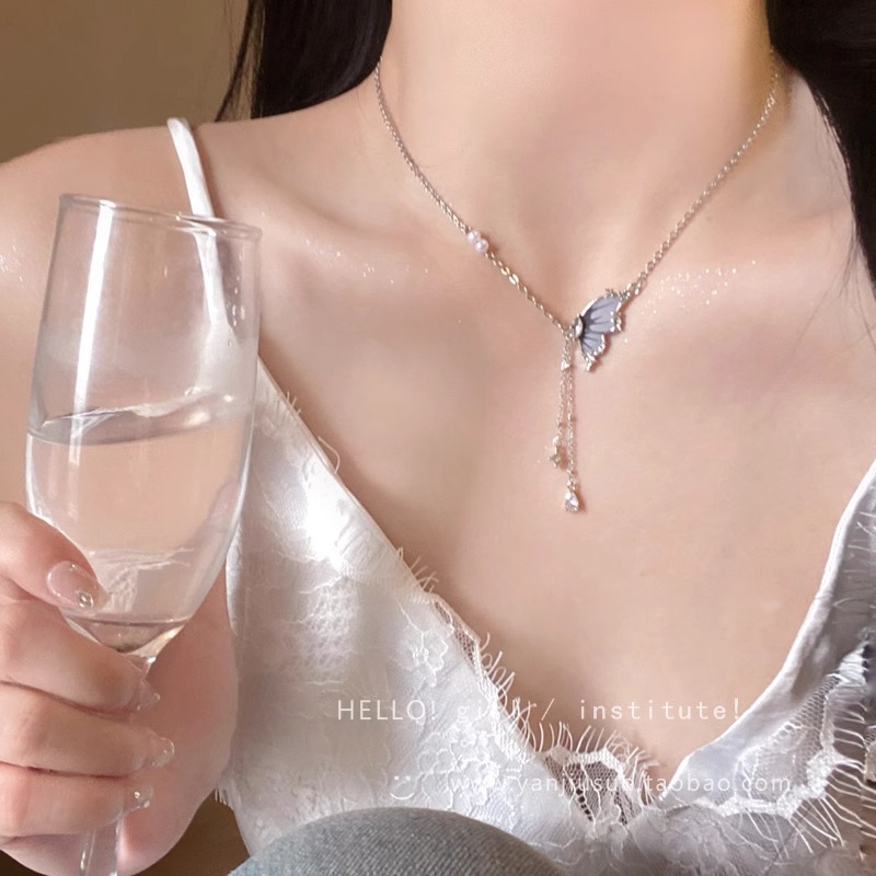 Summer sweet and cool zircon butterfly pearl necklace, a women's niche and light luxury neckchain, a seaside atmosphere collarbone chain Specification drawing