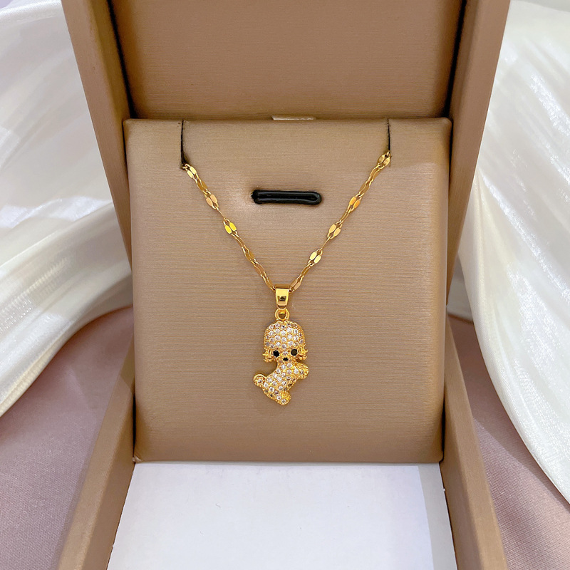 【 Titanium Steel 】 The light luxury full diamond micro-inlay is a truly cute little dog necklace with copper-plated real gold pendant in an ins style full figure