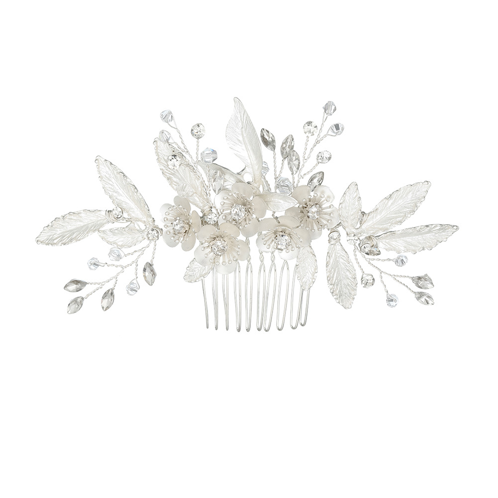 Bridal wedding dress accessories, elegant crystal flower hair comb, alloy leaf diamond-encrusted hair comb, banquet party dress headwear Item Picture