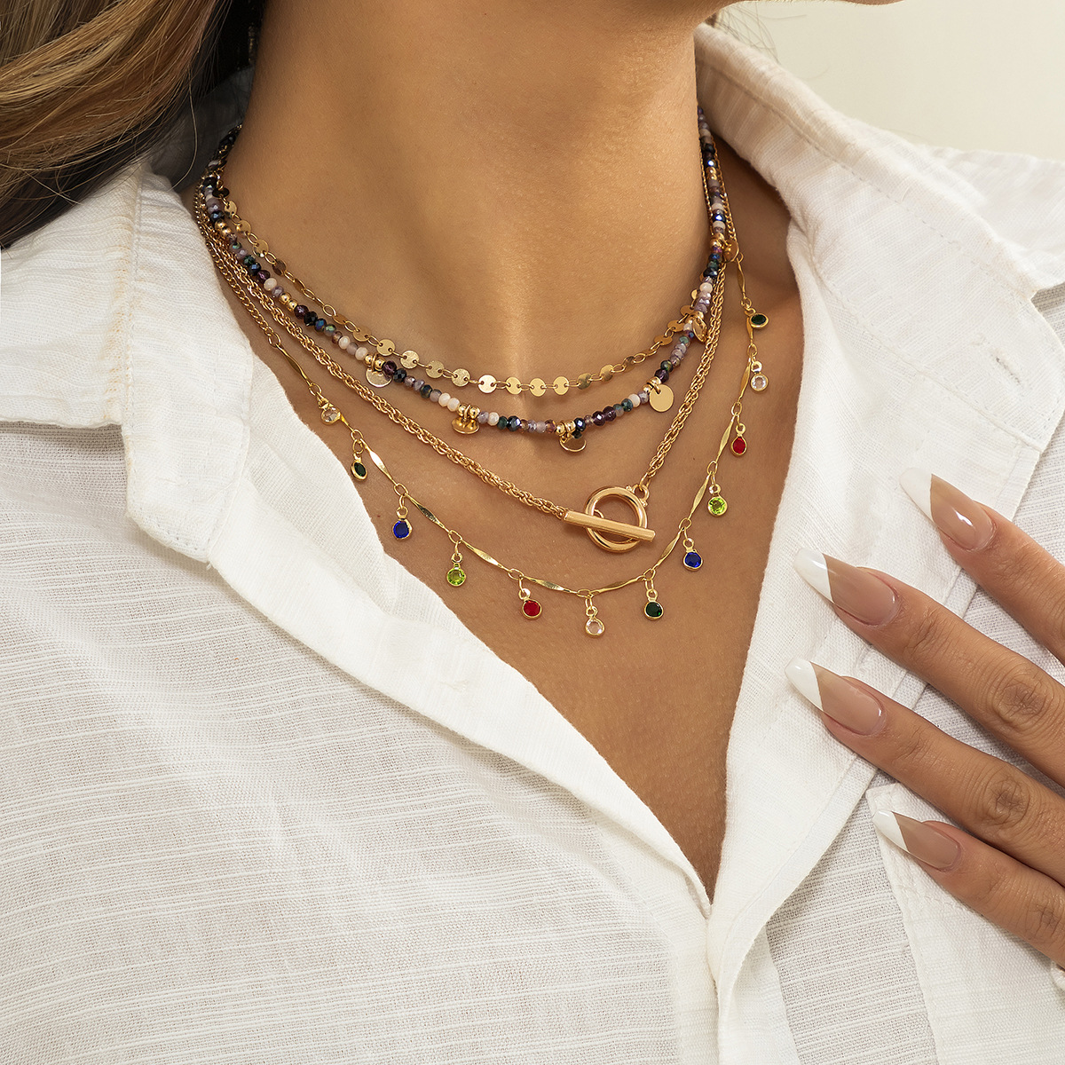 European and American cross-border jewelry, retro colorful rhinestone tassels, versatile necklaces, stacked with niche crystal beads and sequins necklaces Specification drawing