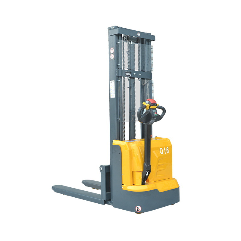 The fully electric walking forklift has a height of 2.5 meters and a load capacity of 1 ton and 2.5 tons. It is an electric stacker forklift and a walking forklift Item Picture