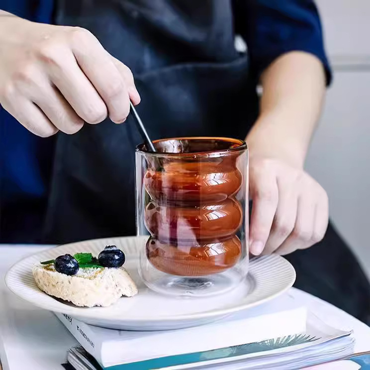 ins design sense double-layer anti-scalding glass cup, juice cup, hot drink cup, milk tea cup, high appearance level latte coffee cup details Picture