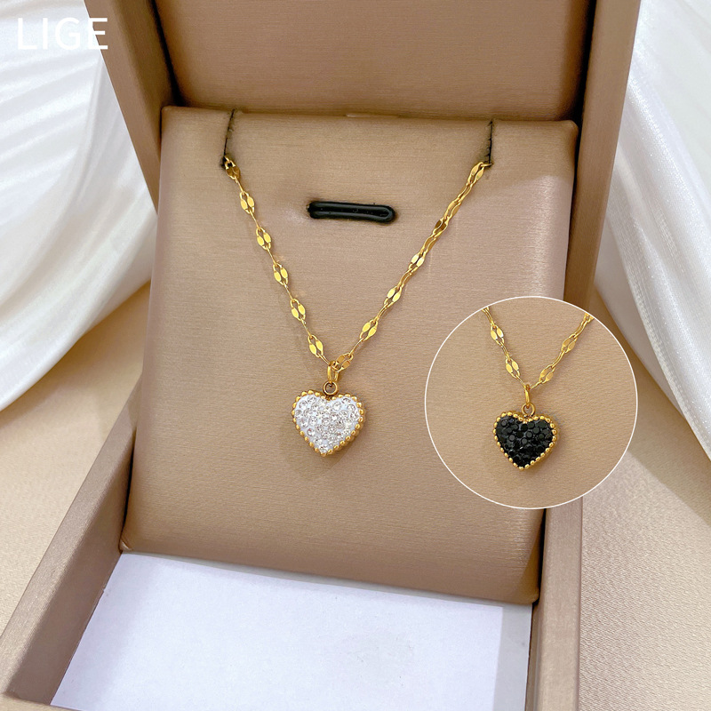 【 All-titanium Steel 】 Minimalist style double-sided heart-shaped stove with real gold necklace inside, female Instagram influencer collarbone chain accessory Specification drawing