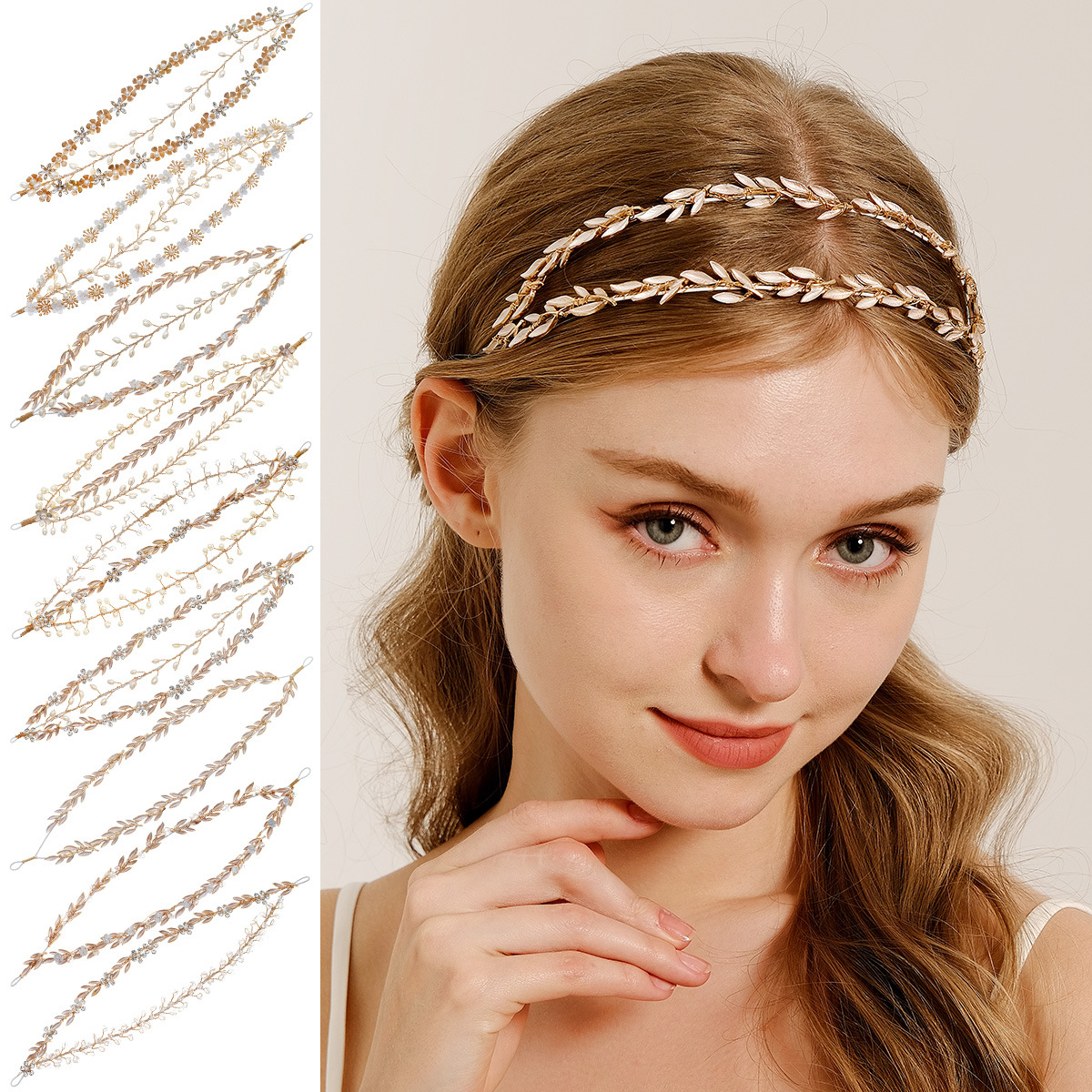 A new cross-border handcrafted crystal pearl headband for birthday and wedding photo headwear, a multi-layered bride headband with a high-end female feel full figure