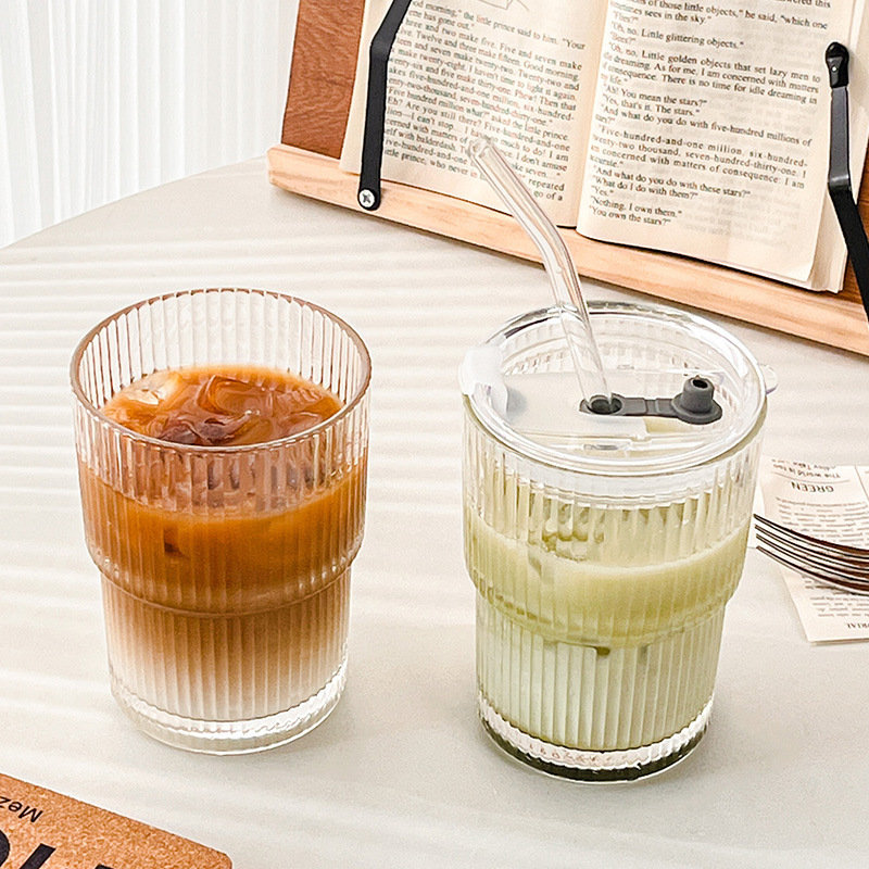 Vertical striped coffee cup, iced Americano latte cup, ins style, high appearance level, covered straw cup, household water cup, glass cup full figure