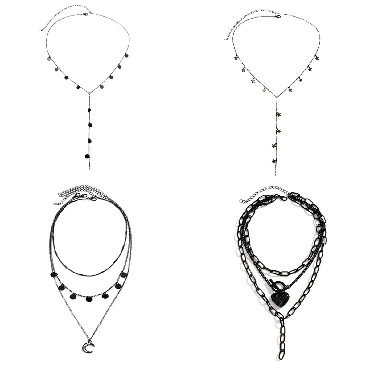 A simple black chain pendant with a heart shape from Europe and America, a versatile sweet and cool style star water diamond necklace Item Picture