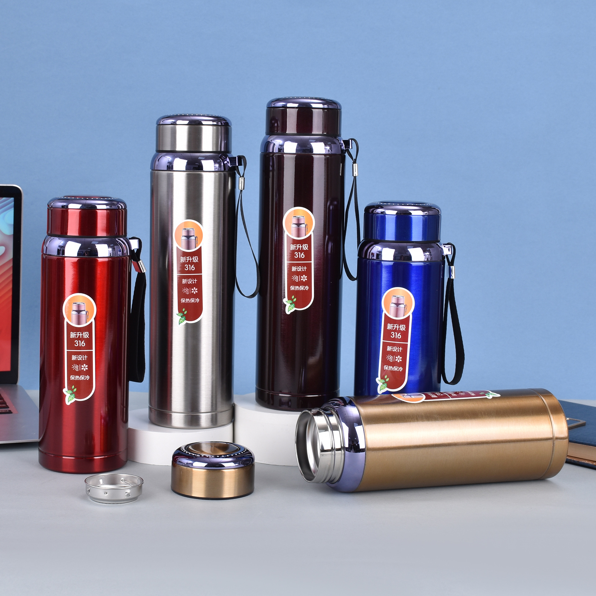 Customized stainless steel star-shaped water bottle, vacuum large-capacity water bottle with a strappy strap, outdoor mountain climbing and travel with a tea strout and insulated cup full figure