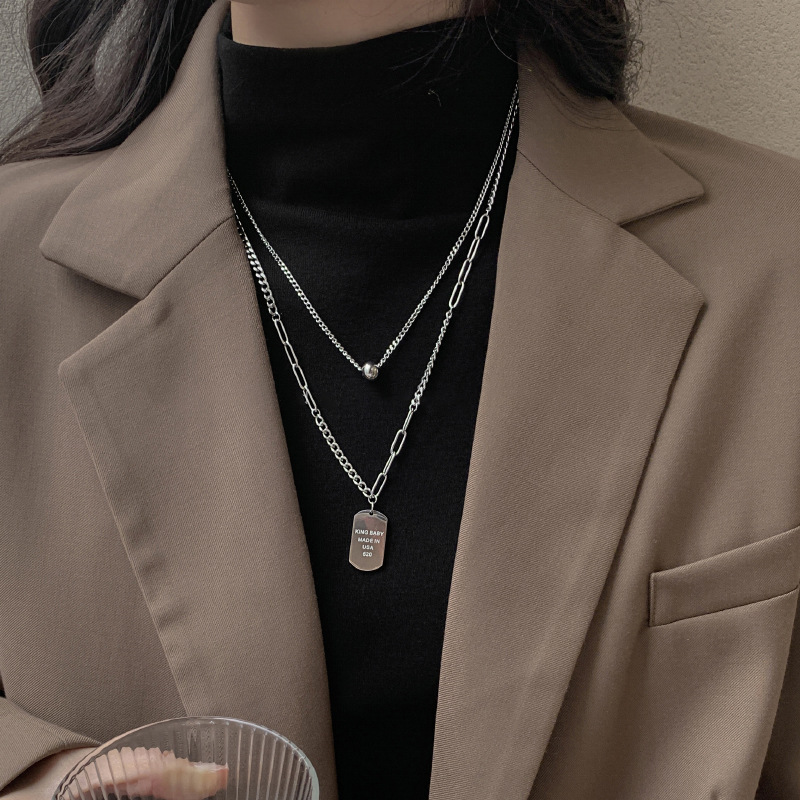 Double-layer stacked nameplate titanium steel sweater necklace for women's autumn and winter 2023 new trendy and popular hoodie chain long accessory full figure