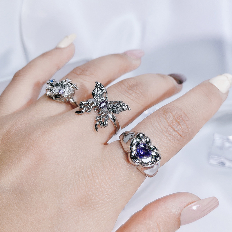 Sweet and cool, niche design, heart-shaped butterfly, purple diamond, light luxury open ring, women's Instagram, cold style, quality, versatile ring Specification drawing