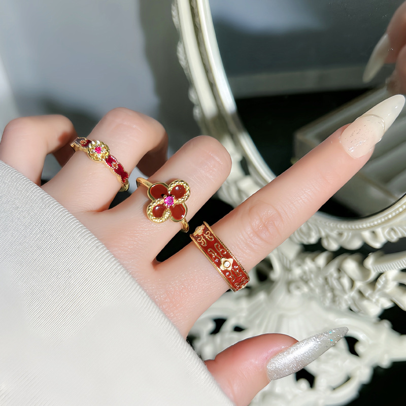 Retro Hong Kong-style red drip glaze high-end open ring for women's encore, fashionable and versatile index finger ring, cold style and niche details Picture