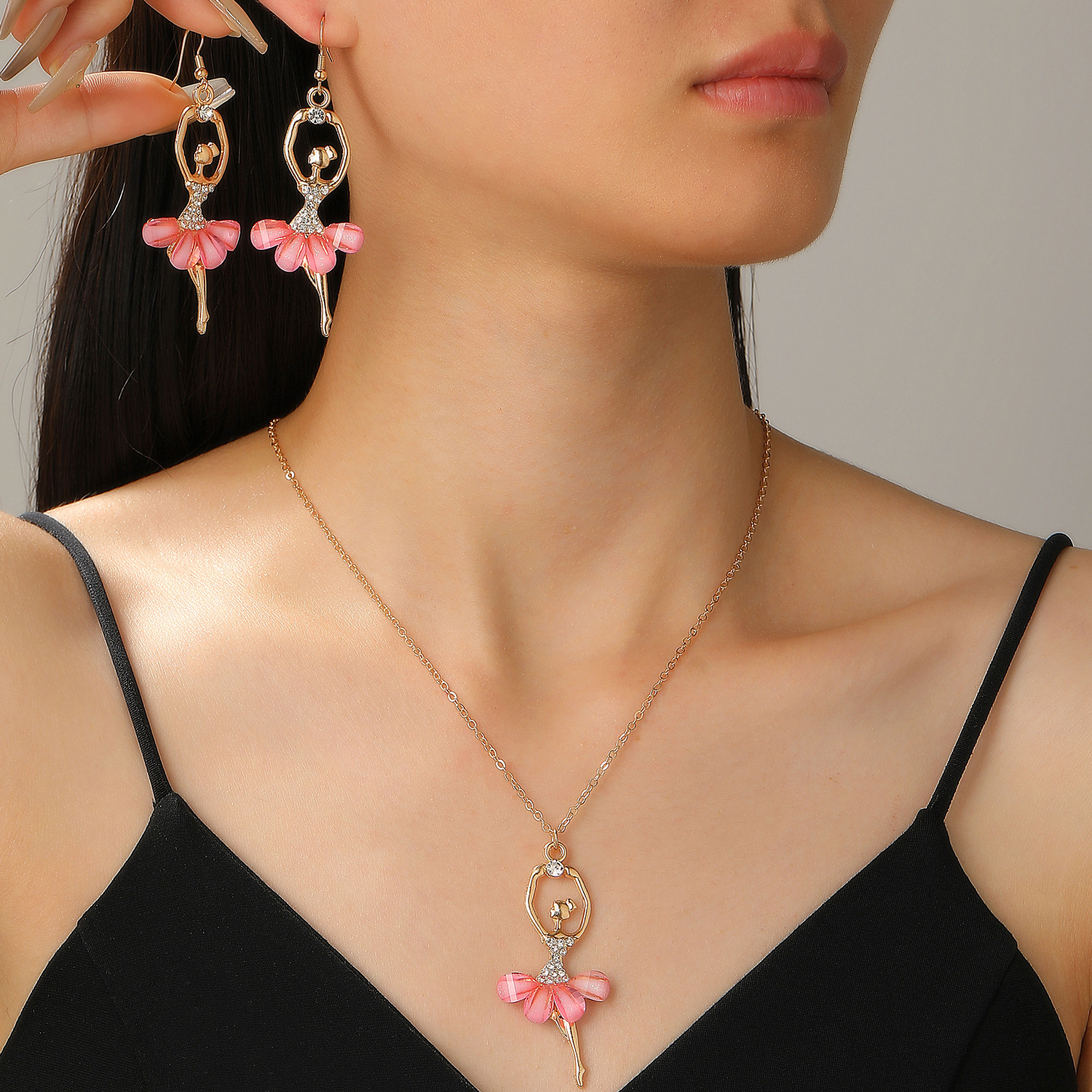 Cross-border pink dress, ballet girl necklace, fashionable jewelry set, collarbone chain, European and American diamond-encrusted crystal earrings for women details Picture
