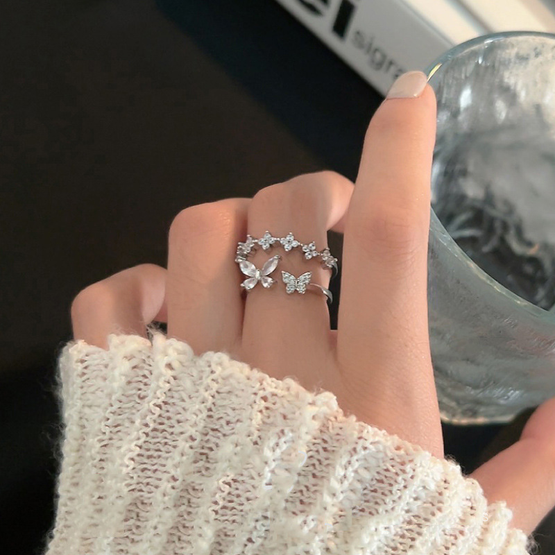 Double butterfly flower zircon open ring for women, adjustable, personalized and fashionable ring, niche design, high-end and cool full figure