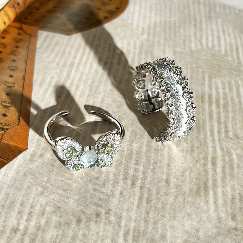 New Chinese-style national trend, fresh and light green diamond butterfly opening ring, a cold and elegant female style, a niche brushed lace fashionable ring Specification drawing
