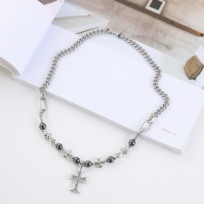 Wholesale of new cross-border European and American style cross-shaped titanium steel necklaces for men with a niche hip-hop retro style on Instagram details Picture