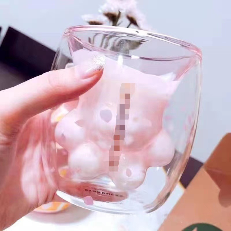 Cute cartoon cat paw cup, coffee cup, beverage cup, double-layer glass, pink cat paw explosion-proof glass cup, birthday gift Specification drawing