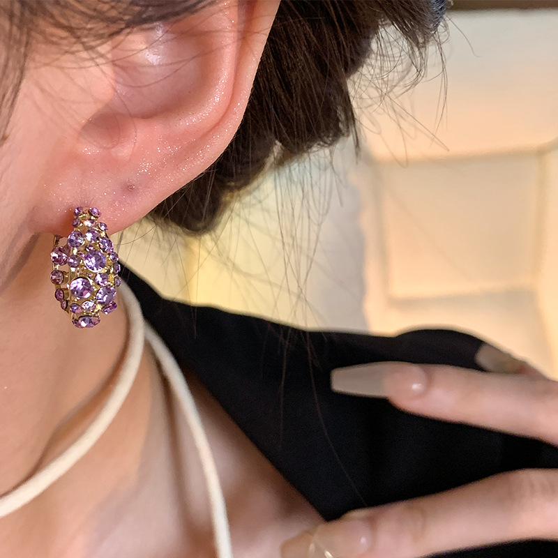 Super fairy-like purple full-diamond zircon earrings, a trendy and fashionable in-style ear ring, with a unique and high-end feel. Wholesale of earrings Application Scenario