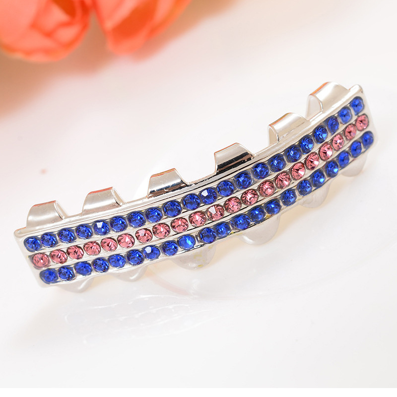 European and American hiphop blue diamond three-row diamond braces decoration hip-hop braces Silver set color diamond hip-hop braces Specification drawing
