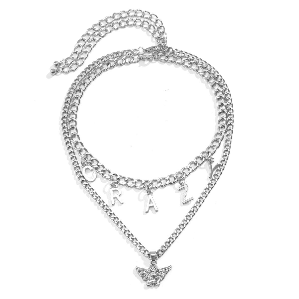 European and American cross-border accessories, retro little angel necklace, women's niche and simple necklace, CRAZY letter tassel collarbone chain Item Picture