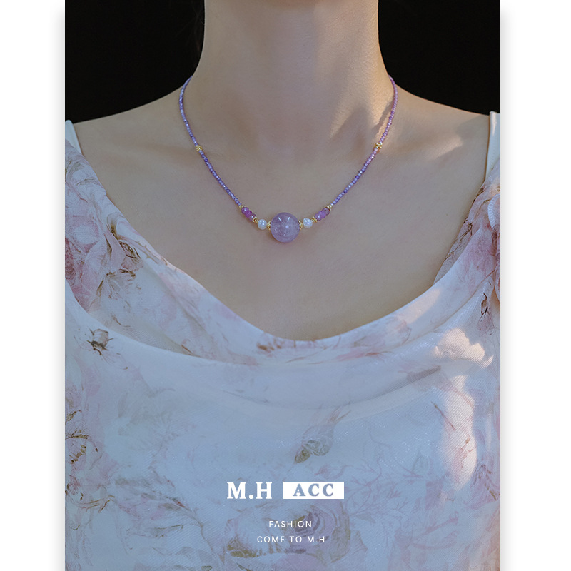 Korean-style dreamy amethyst zircon beaded necklace accessory for women in 2025, a new light luxury, fashionable and high-end style necklace full figure